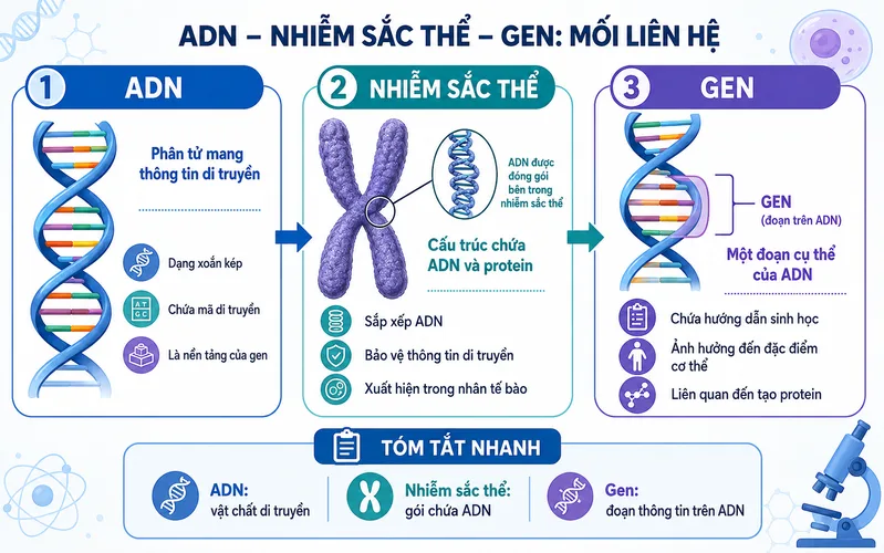 ADN, gen và nhiễm sắc thể có mối liên hệ chặt chẽ trong hệ thống di truyền của cơ thể.