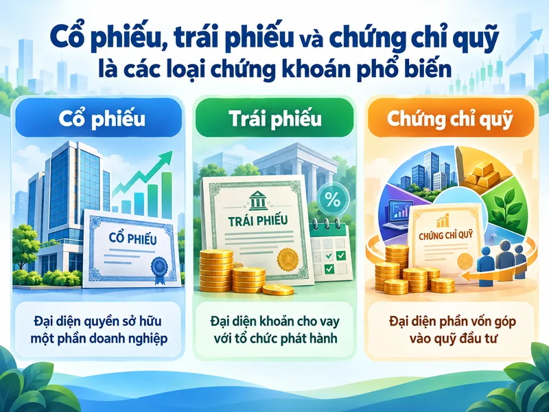 Cổ phiếu, trái phiếu và chứng chỉ quỹ là các loại chứng khoán phổ biến