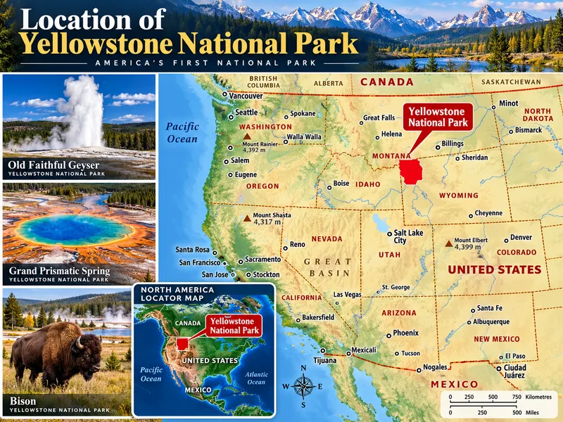 Yellowstone nằm chủ yếu ở Wyoming và trải sang Montana, Idaho